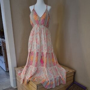 Bohemian Pink & Cream Maxi Dress with Spaghetti Straps